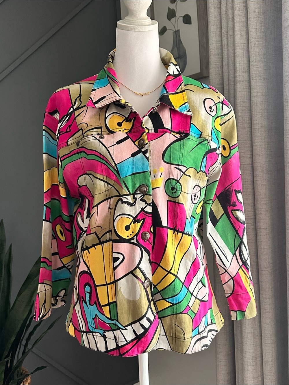 Kaktus Vintage Colorblock Abstract Button Down Shirt in Pink,Yellow,Teal & Green